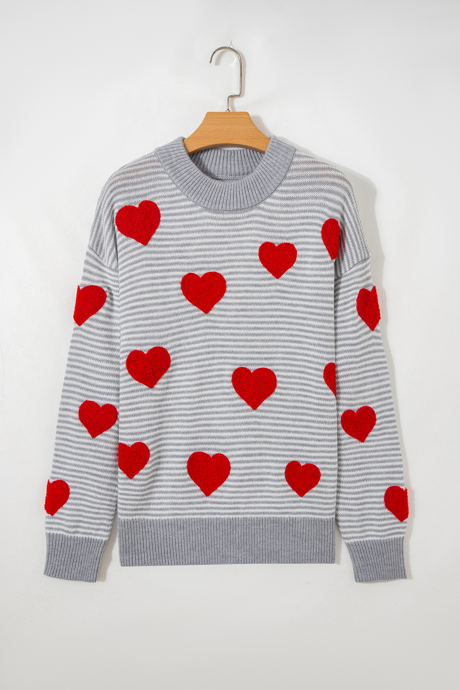 Gray Stripe Contrast Heart Pattern Valentine Knit Sweater - loveforevers