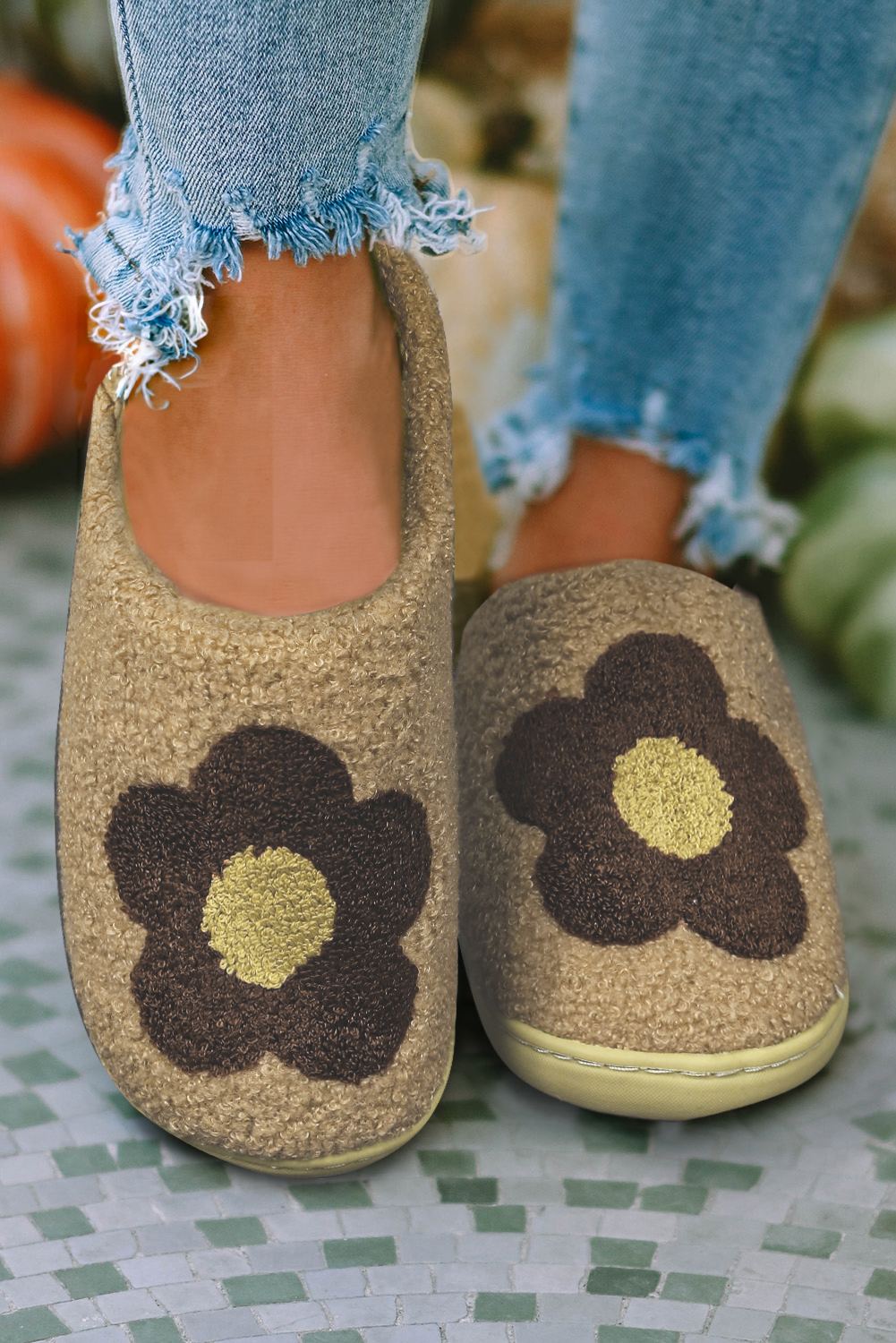Camel Fuzzy Flower Pattern Homewear Slippers - loveforevers