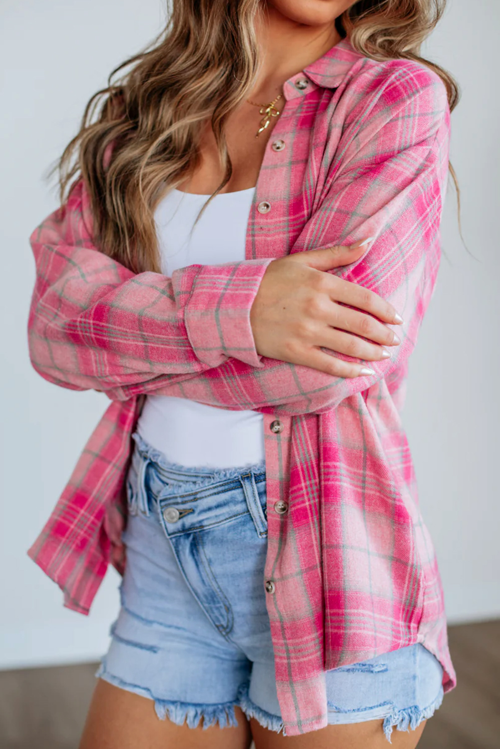 Sachet Pink Plaid Print Rounded Hem Long Sleeve Shirt with Pockets - loveforevers