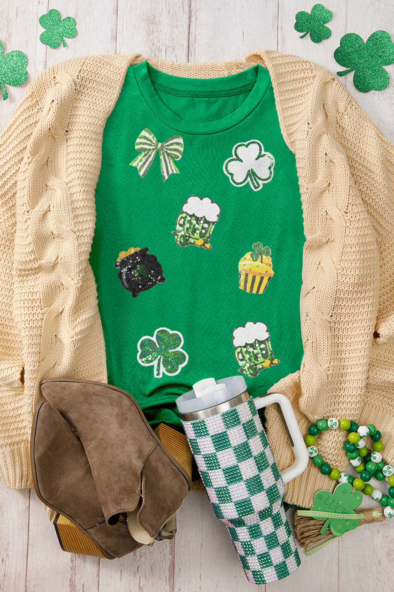 Bright Green Dainty Irish Fashion Sequin Graphic Tee - loveforevers