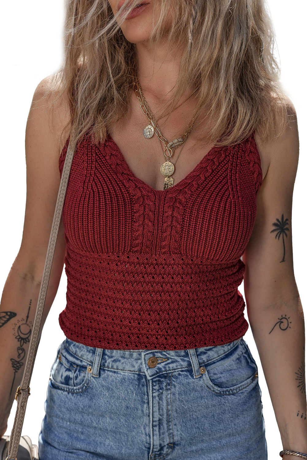 Burgundy Cable Knit Pointelle Slim Fit V Neck Sweater Vest - loveforevers
