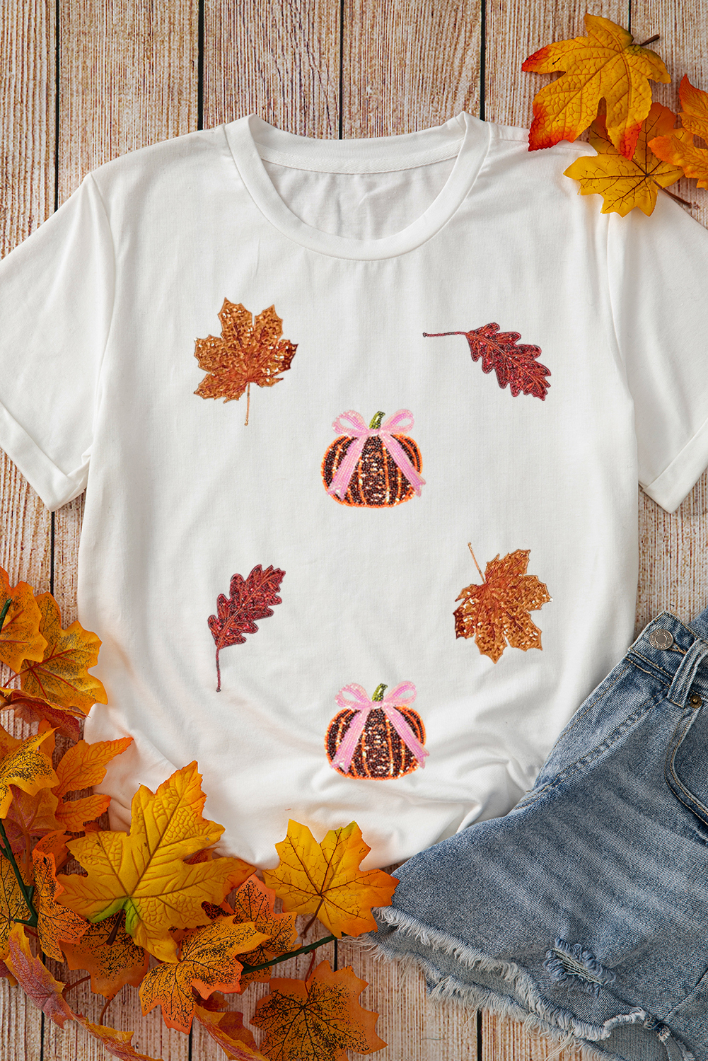 White Sequined Pumpkin Leaves Fall Vibe Graphic T Shirt - loveforevers
