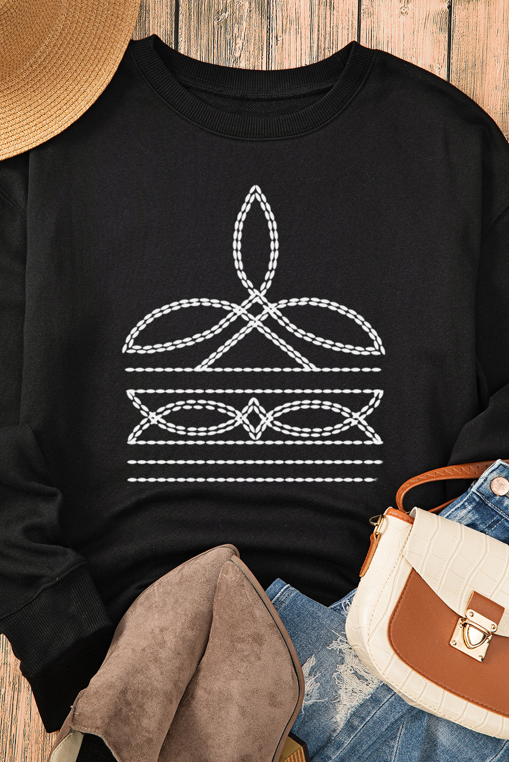 Black Western Pattern Print Round Neck Pullover Sweatshirt - loveforevers