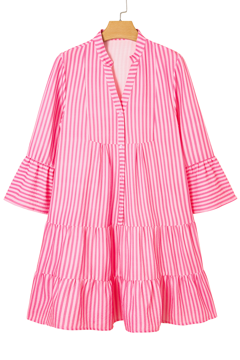 Pink Stripe Flare Sleeve Half Placket Tiered Flowy Mini Dress - loveforevers