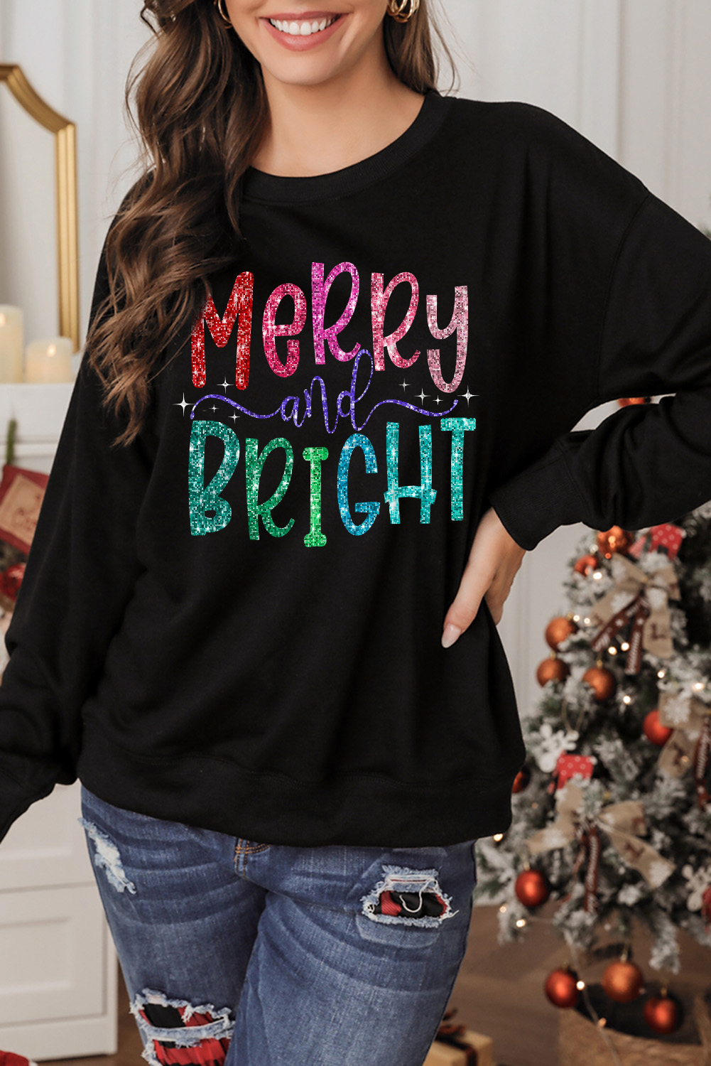 Black Merry and Bright Graphic Christmas Pullover Sweatshirt - loveforevers