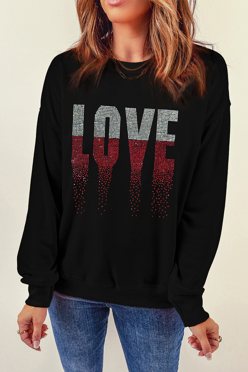 Black Rhinestone LOVE Graphic Crewneck Valentines Sweatshirt - loveforevers