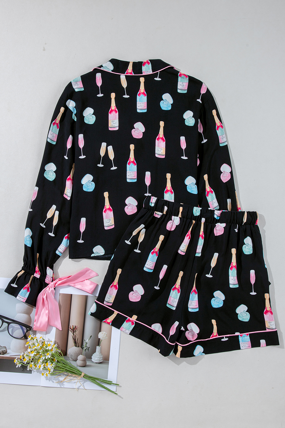 White Christmas Wine Glass Print Bow Knot Two Piece Pajama Set - loveforevers