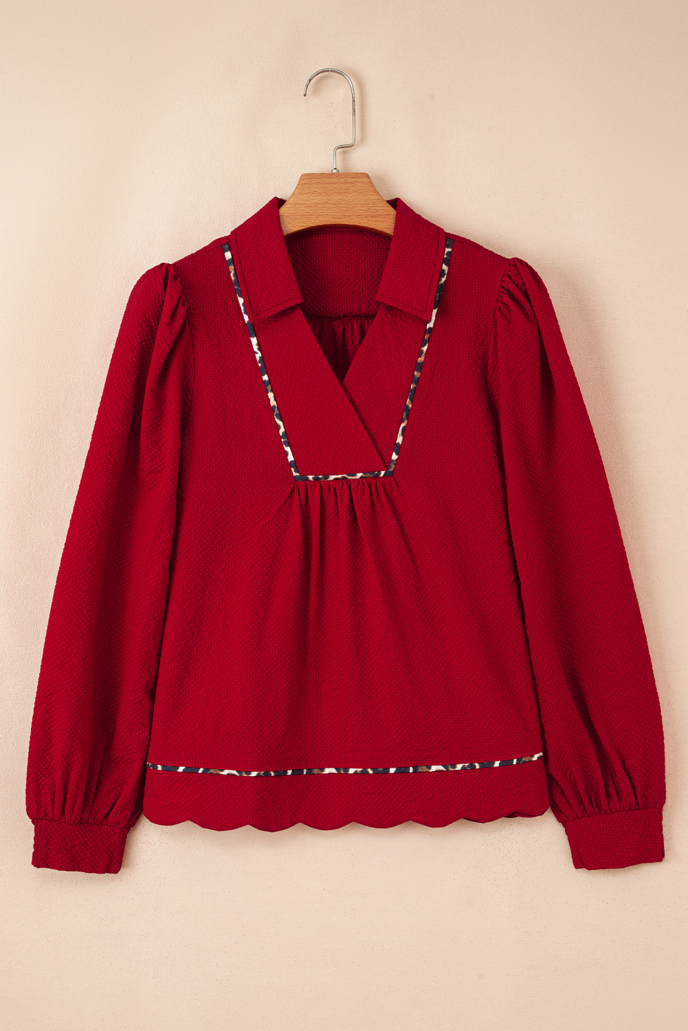 Fiery Red Textured V Neck Leopard Contrasted Trim Long Sleeve Shift Mini Dress - loveforevers