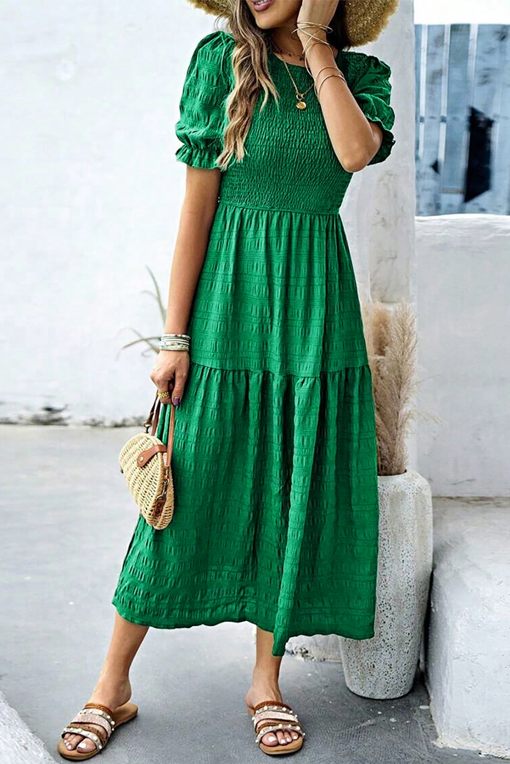 Dark Green Textured Ruffled Sleeve Round Neck Top - loveforevers