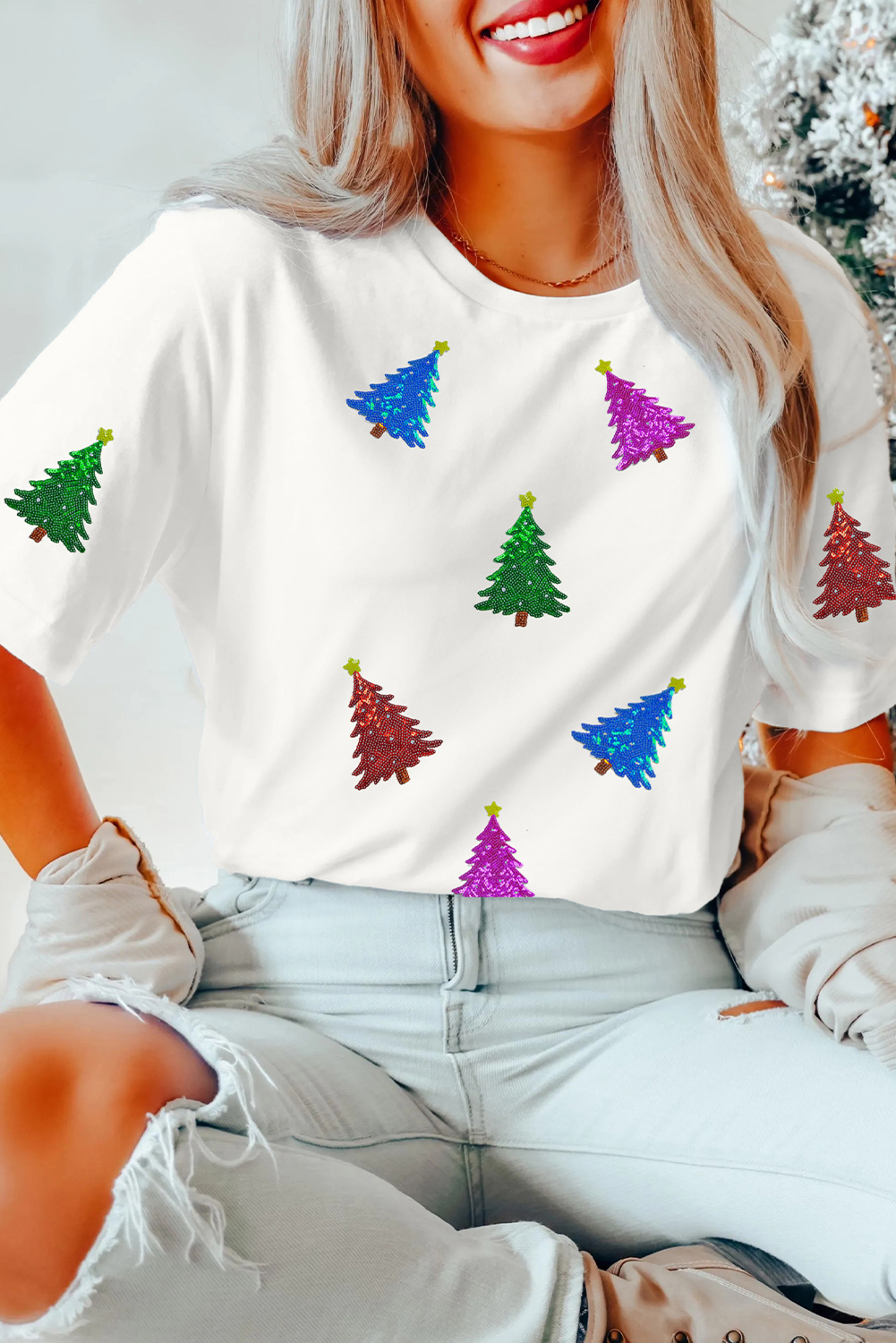 White Glitter Christmas Tree Pattern Cuffed Sleeve Christmas T Shirt - loveforevers