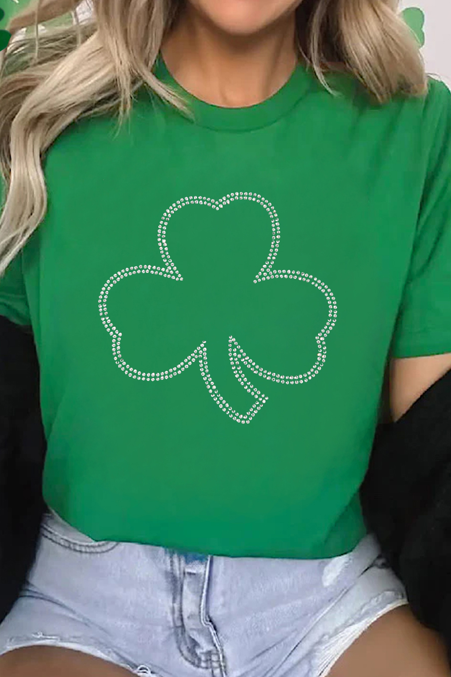 Bright Green Rhinestone Clover St Patricks Day T Shirt - loveforevers