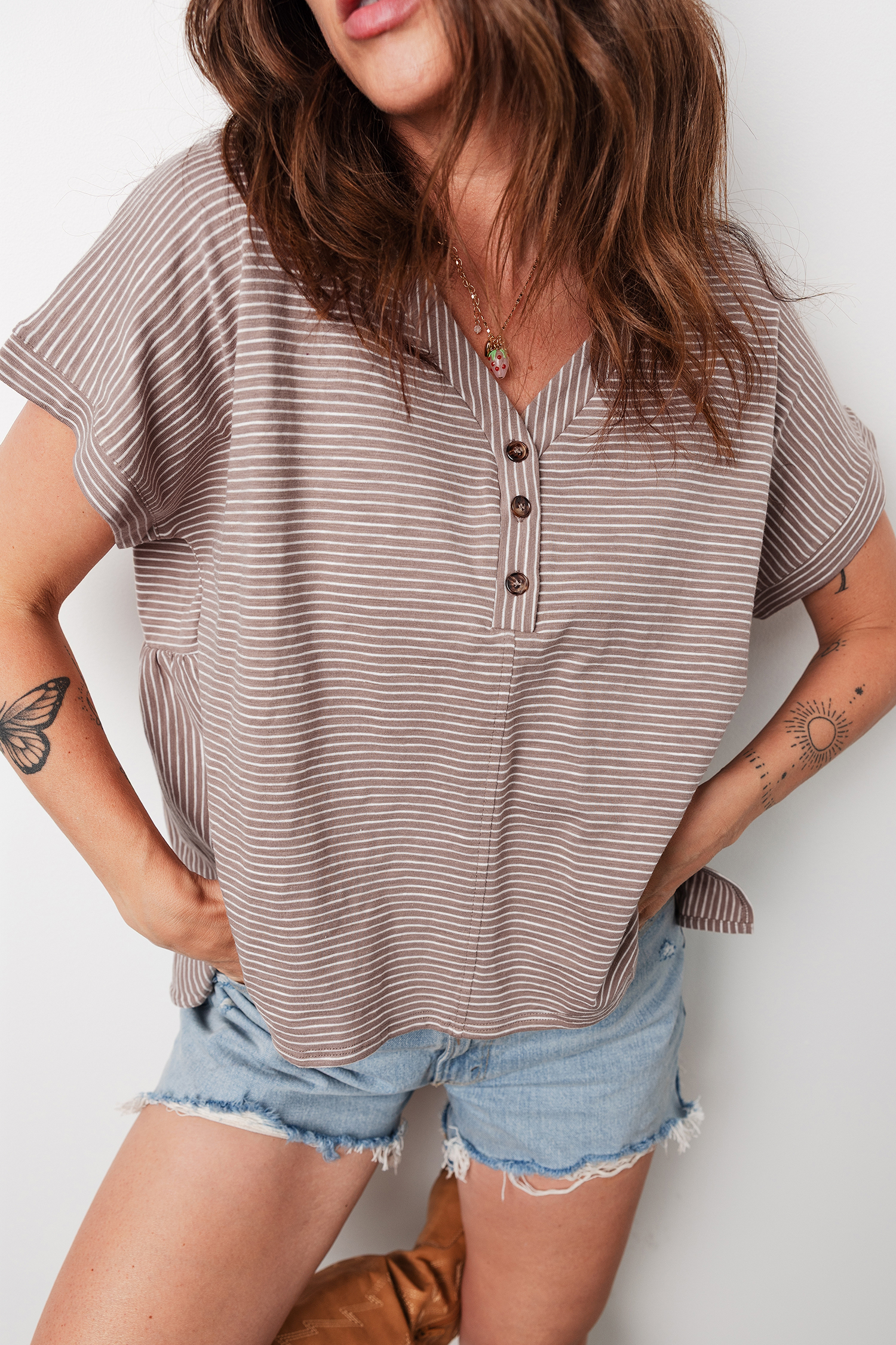 Khaki Stripe Buttoned V Neck High Low Side Slit T Shirt - loveforevers