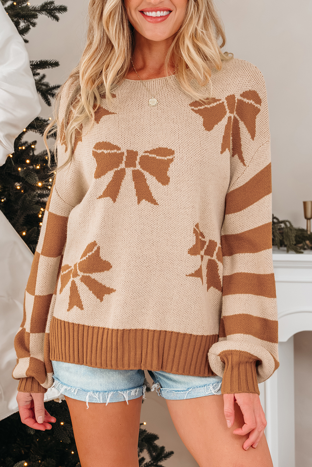 Straw Yellow Ribbon Bow Print Checkered Striped Sleeve Drop Shoulder Sweater - loveforevers
