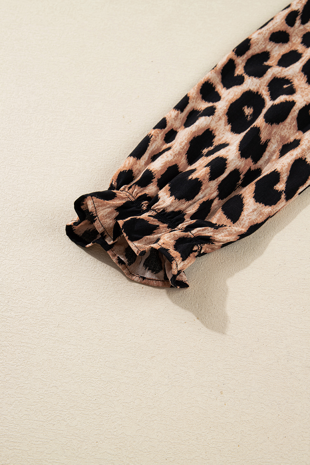 Four Leaf Clover Collared V Neck Smocked Detail Contrast Leopard Trim Bracelet Sleeve Long Dress - loveforevers