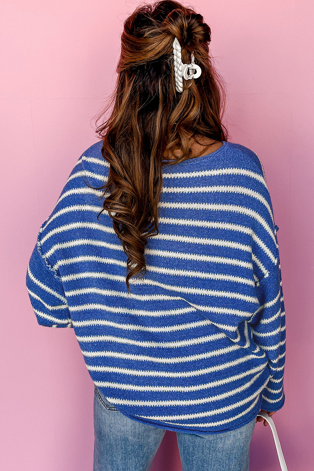 Sky Blue Stripe Drop Shoulder Casual Sweater - loveforevers