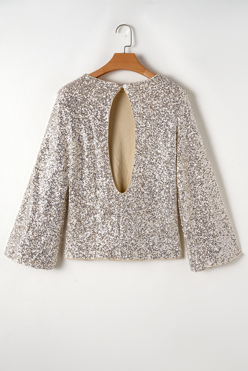 Silvery Sequin Puff Sleeve Cutout Back Blouse - loveforevers