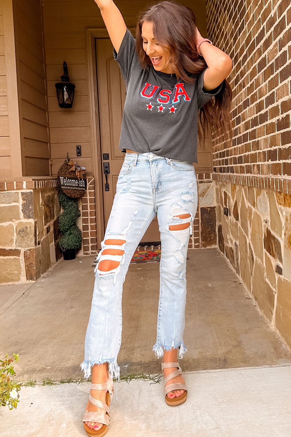 Beau Blue Light Wash Distressed Straight Leg Slim Fit Jeans - loveforevers