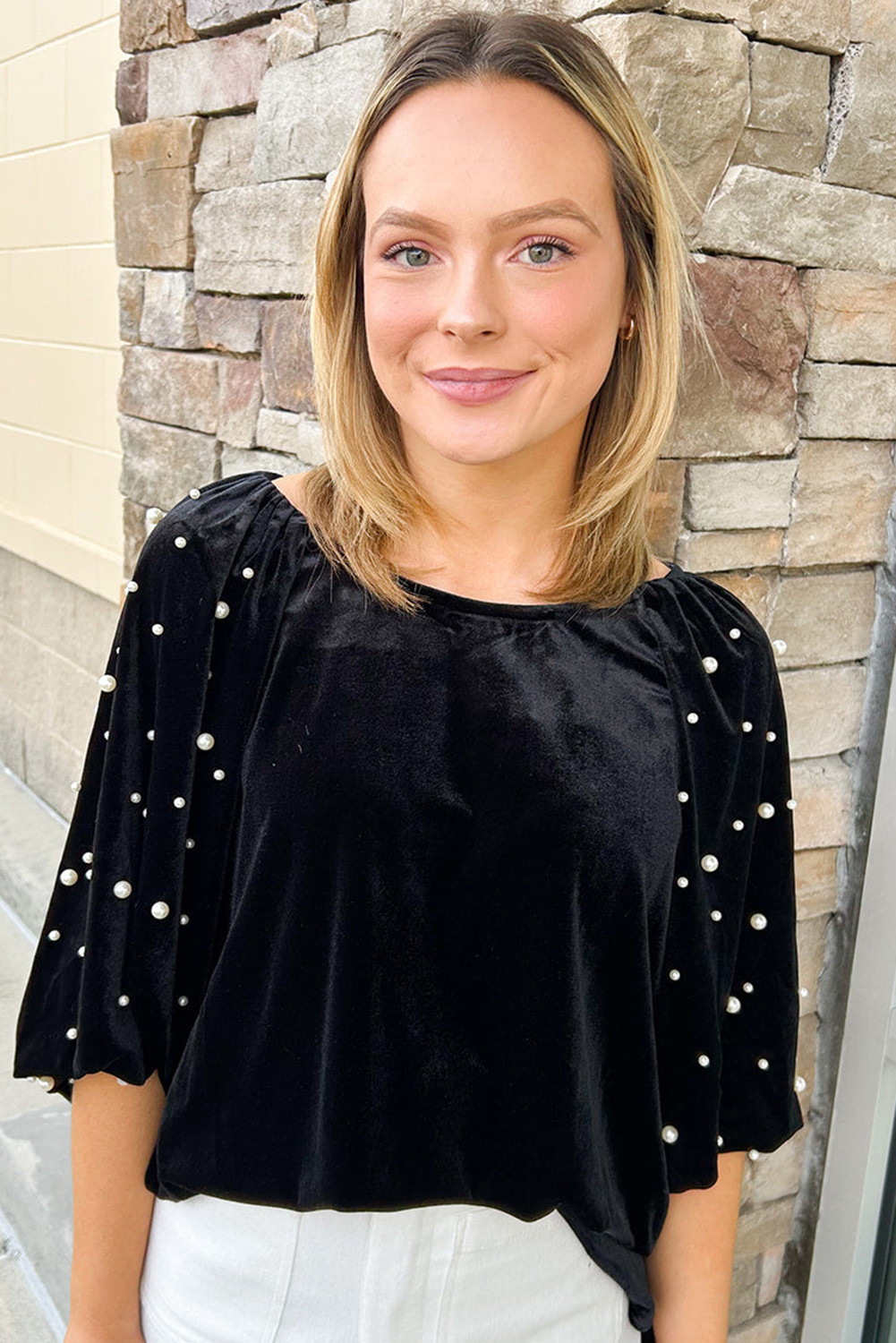 Black Pearl Beaded Half Sleeve Velvet Top - loveforevers