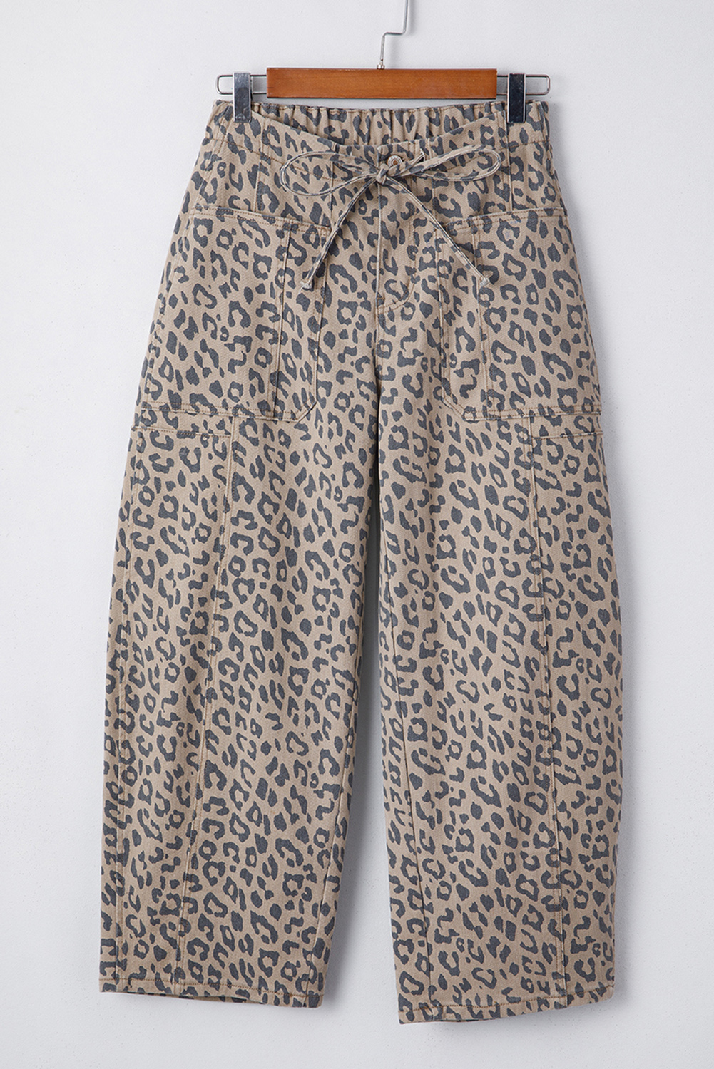 Khaki Leopard Printed Drawstring Elastic Waistband Pocketed Wide Leg Jeans - loveforevers