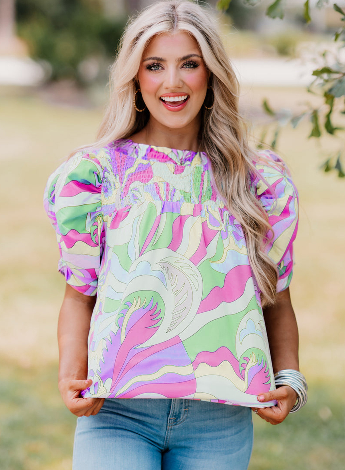 Green Abstract Print Bubble Sleeve Smock Detail Blouse - loveforevers