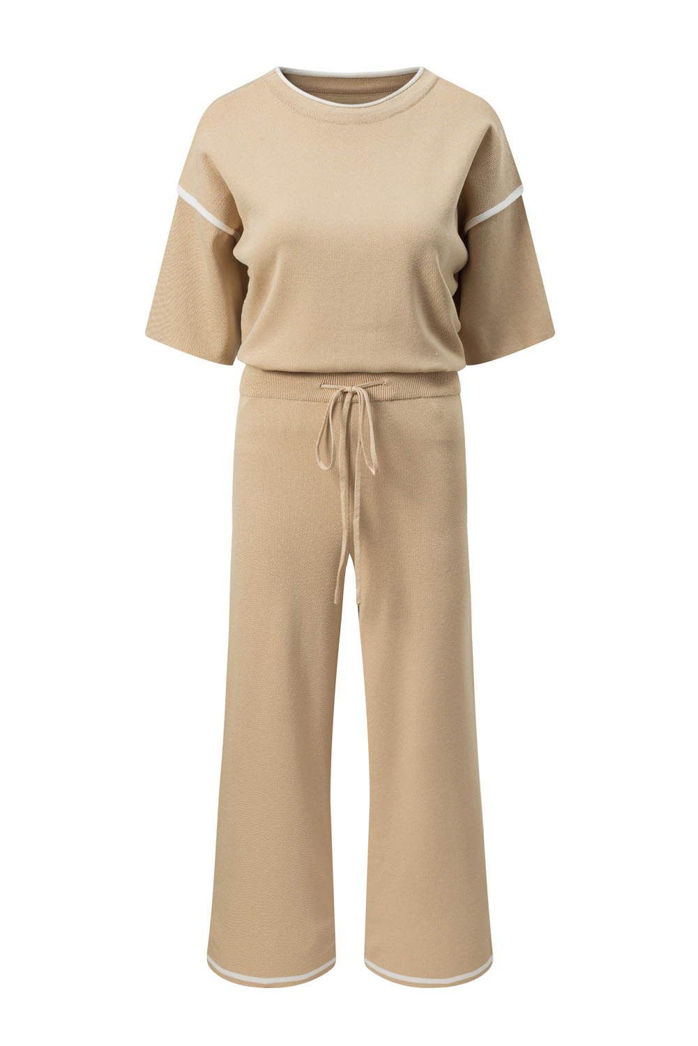 Blackish Green Contrast Trim Half Sleeve Top Drawstring Pants Loose 2pcs Sweater Suit - loveforevers