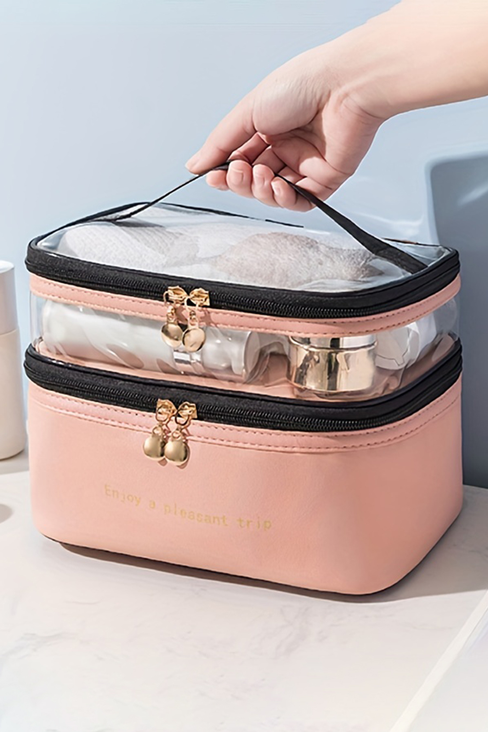 Pink Waterproof PVC Double-layer Cosmetic Bag - loveforevers