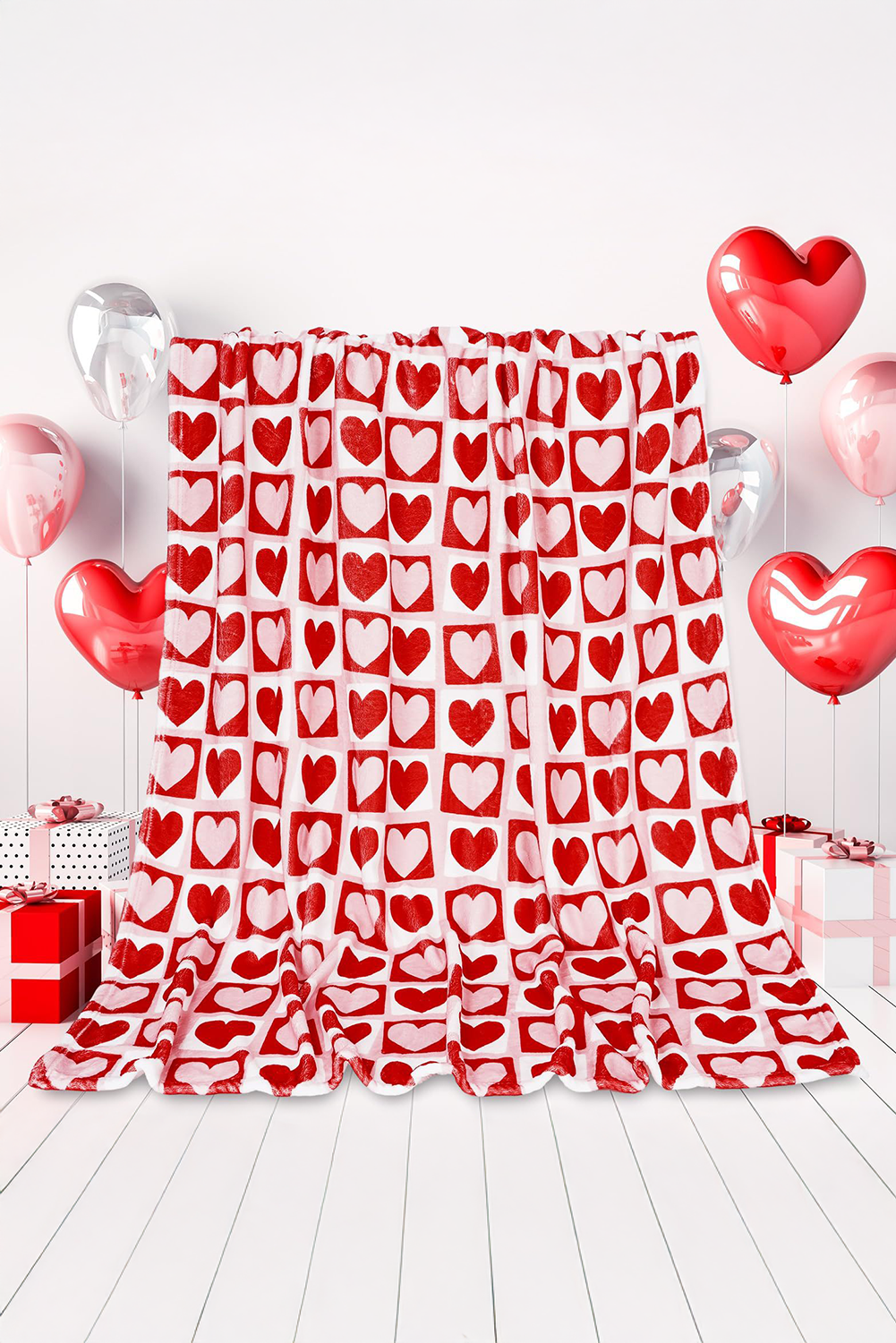 Fiery Red Heart Checkered Print Soft Large Blanket - loveforevers