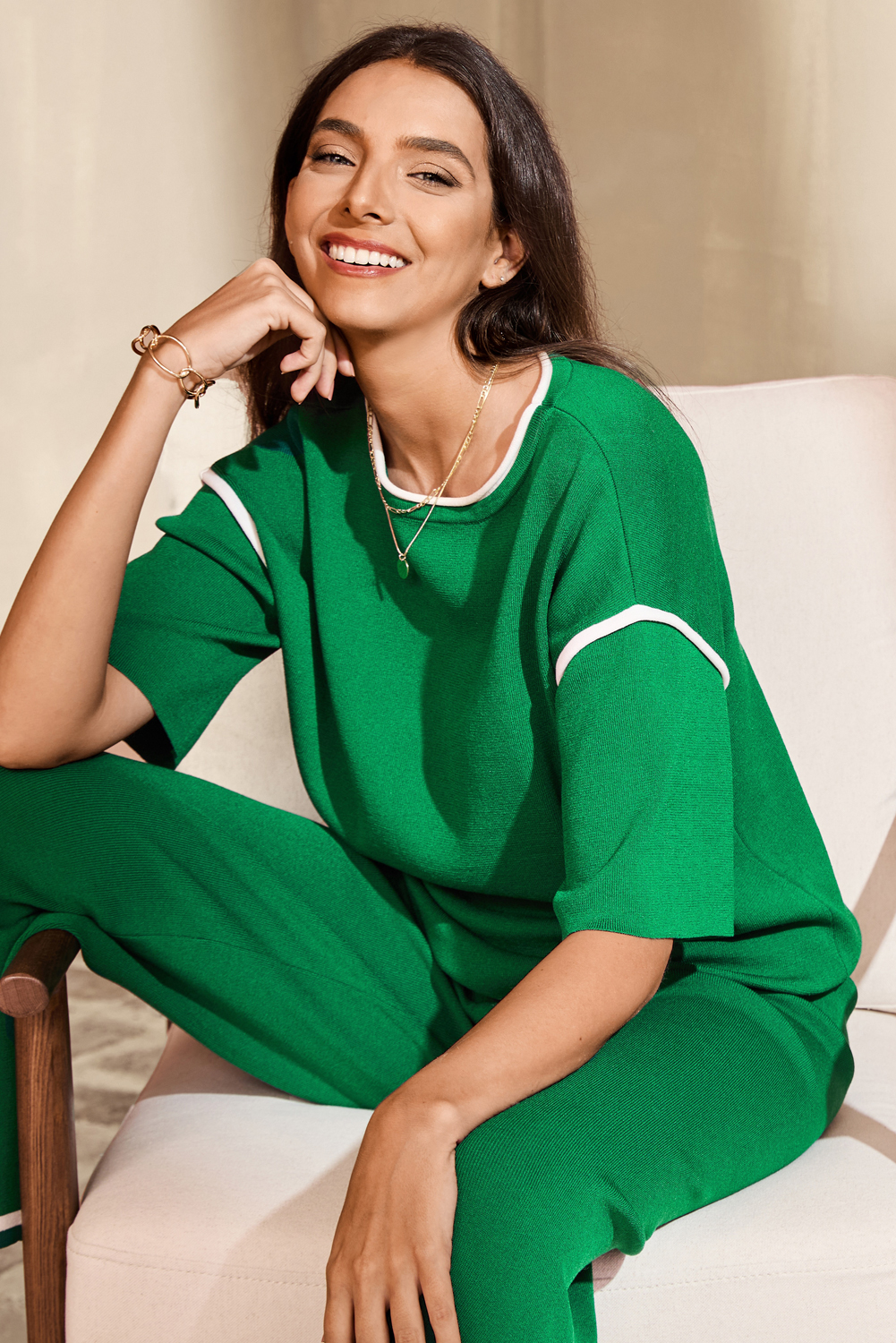 Blackish Green Contrast Trim Half Sleeve Top Drawstring Pants Loose 2pcs Sweater Suit - loveforevers