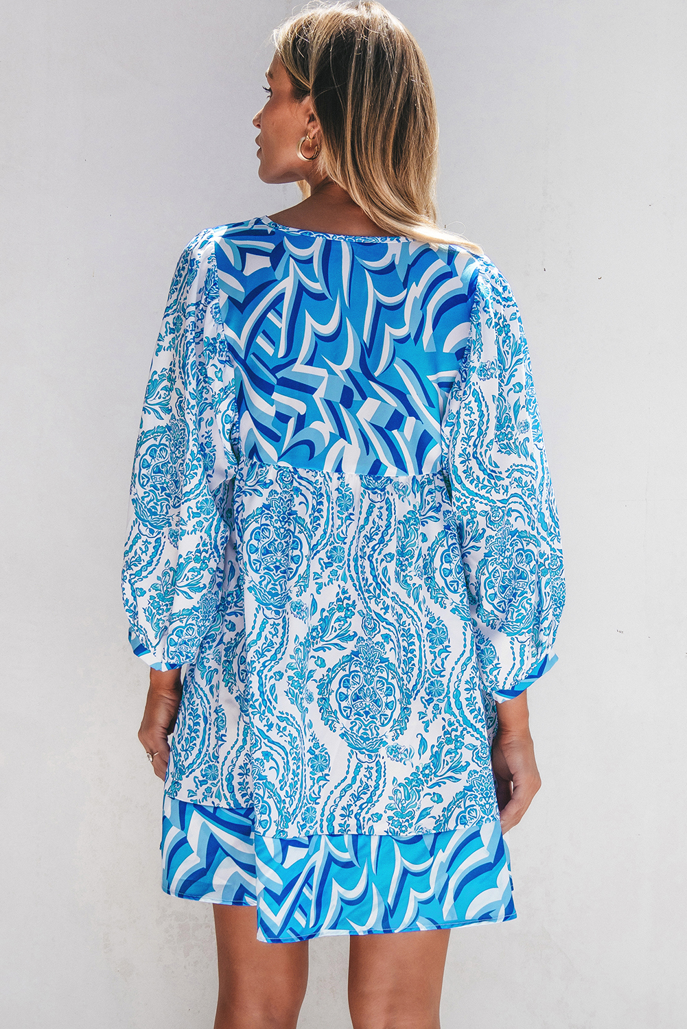 Sky Blue Bohemian Print Puff Sleeve Tied V Neck Flared Mini Dress - loveforevers
