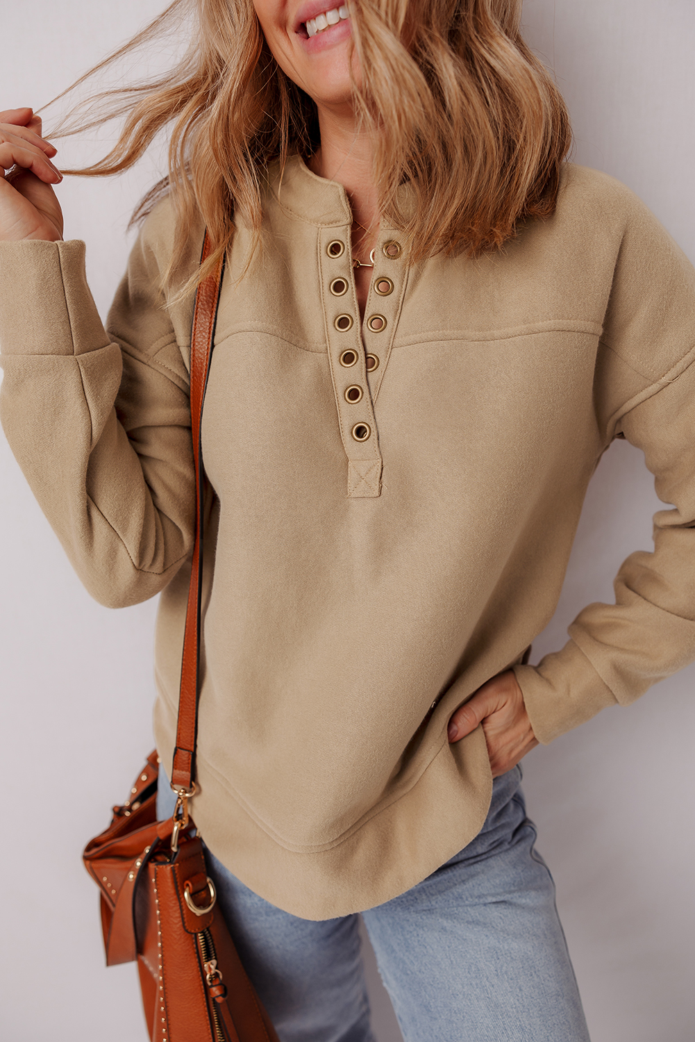 Light French Beige Grommet Detail V Neck Sweatshirt - loveforevers