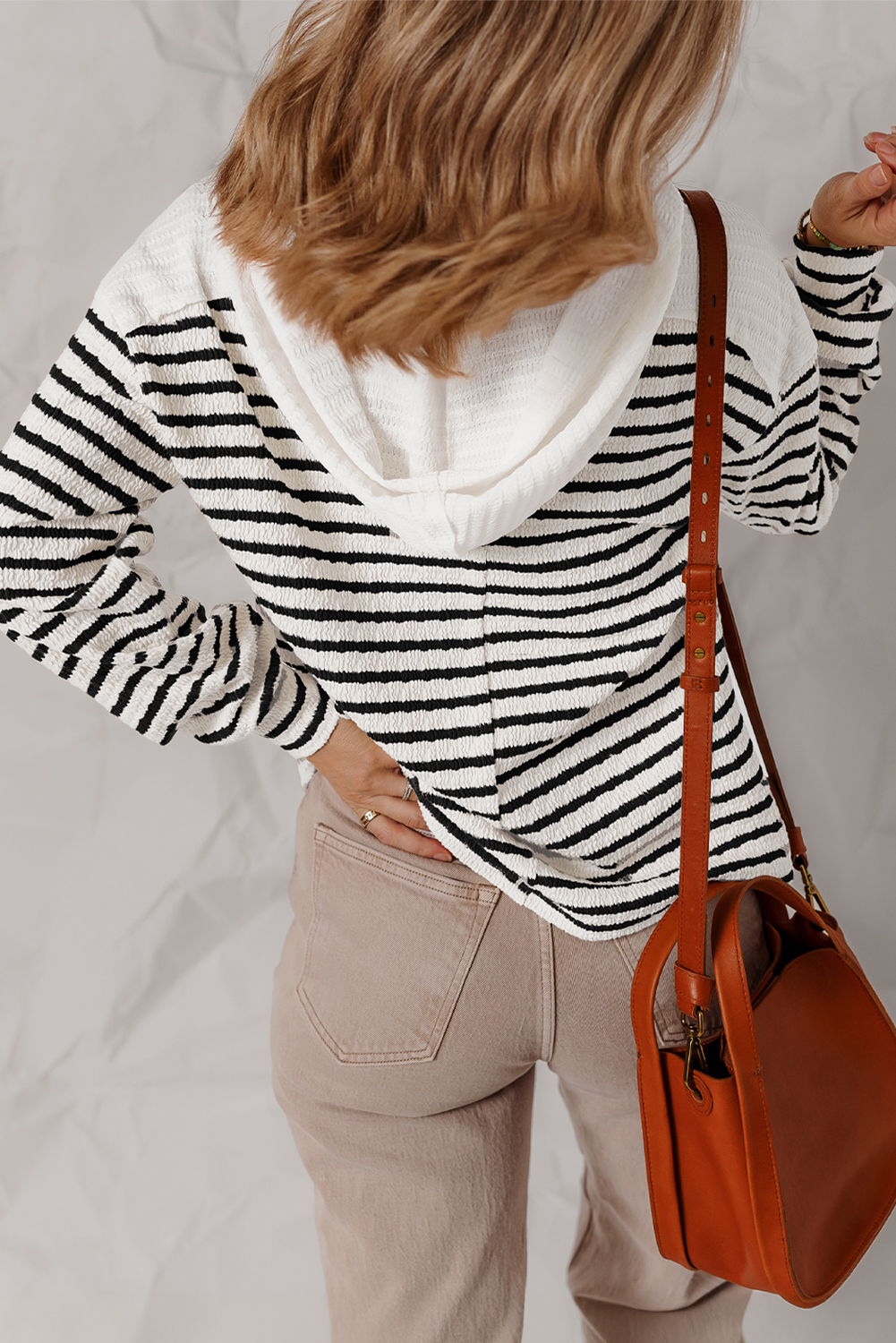 Khaki Stripe Textured Hooded V Neck Casual Long Sleeve Top - loveforevers