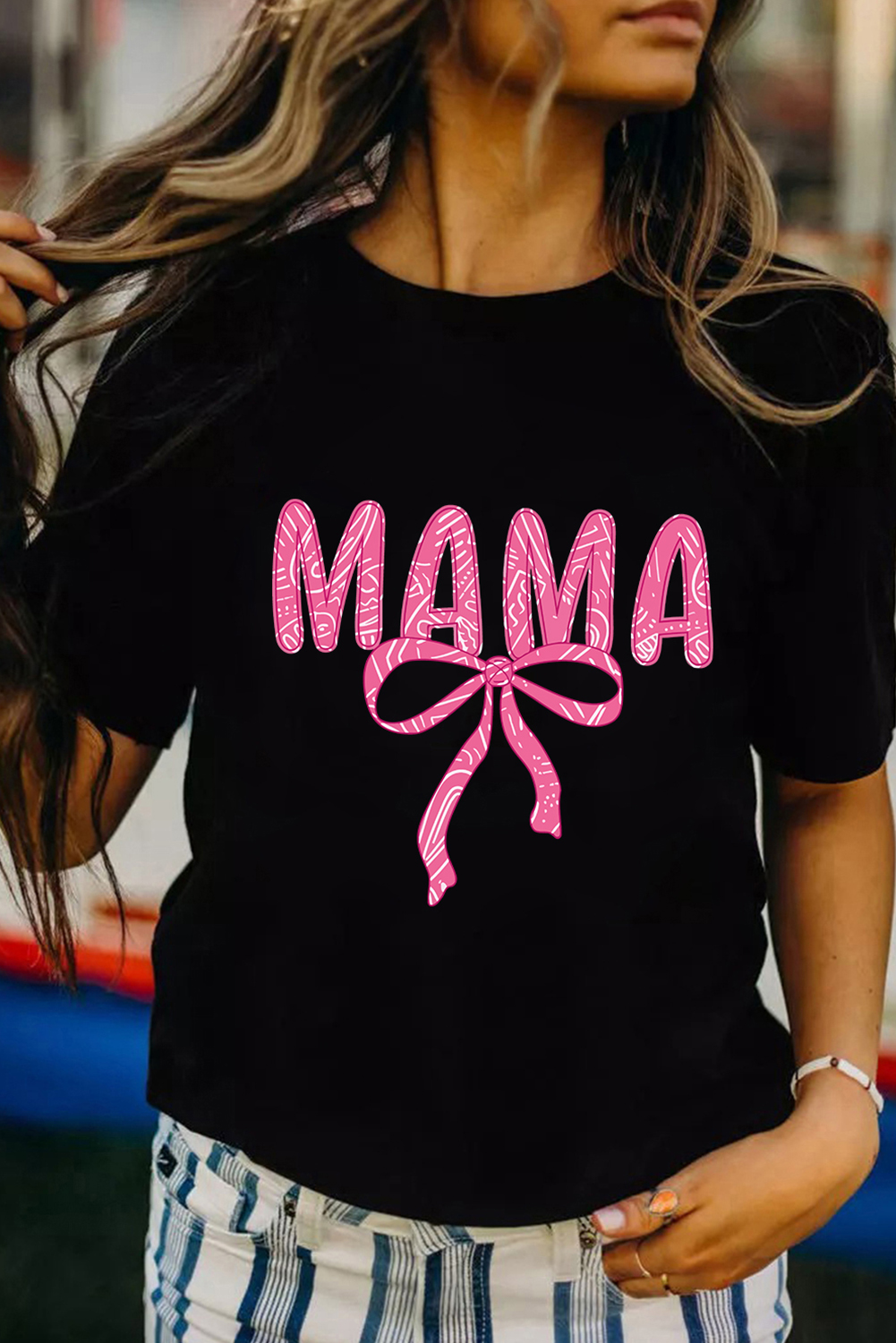 Black MAMA Ribbon Bowknot Graphic Crewneck T Shirt - loveforevers