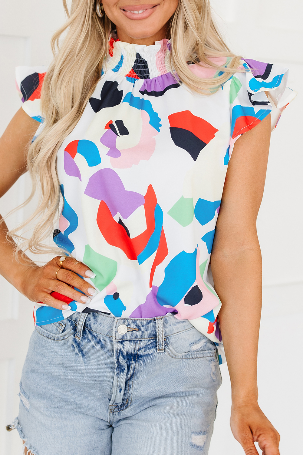 Multicolor Abstract Print Ruffle Sleeve Smocked Blouse - loveforevers