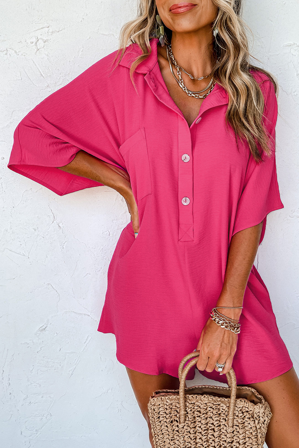 Black Half Button Collared Loose Romper - loveforevers