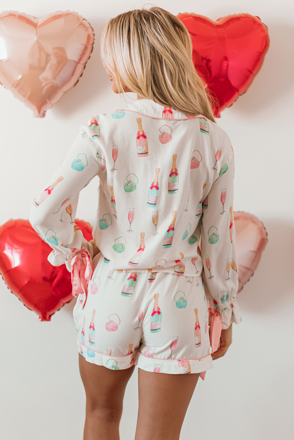 White Christmas Wine Glass Print Bow Knot Two Piece Pajama Set - loveforevers