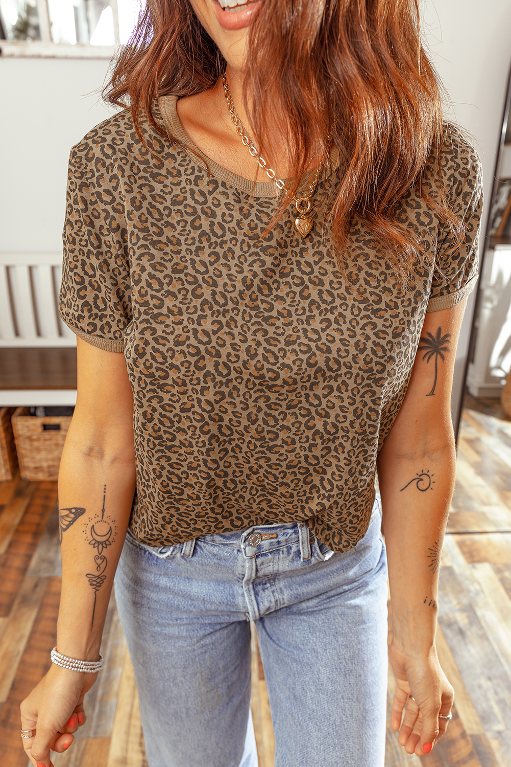 Khaki Fierce Leopard Crew Neck T Shirt - loveforevers