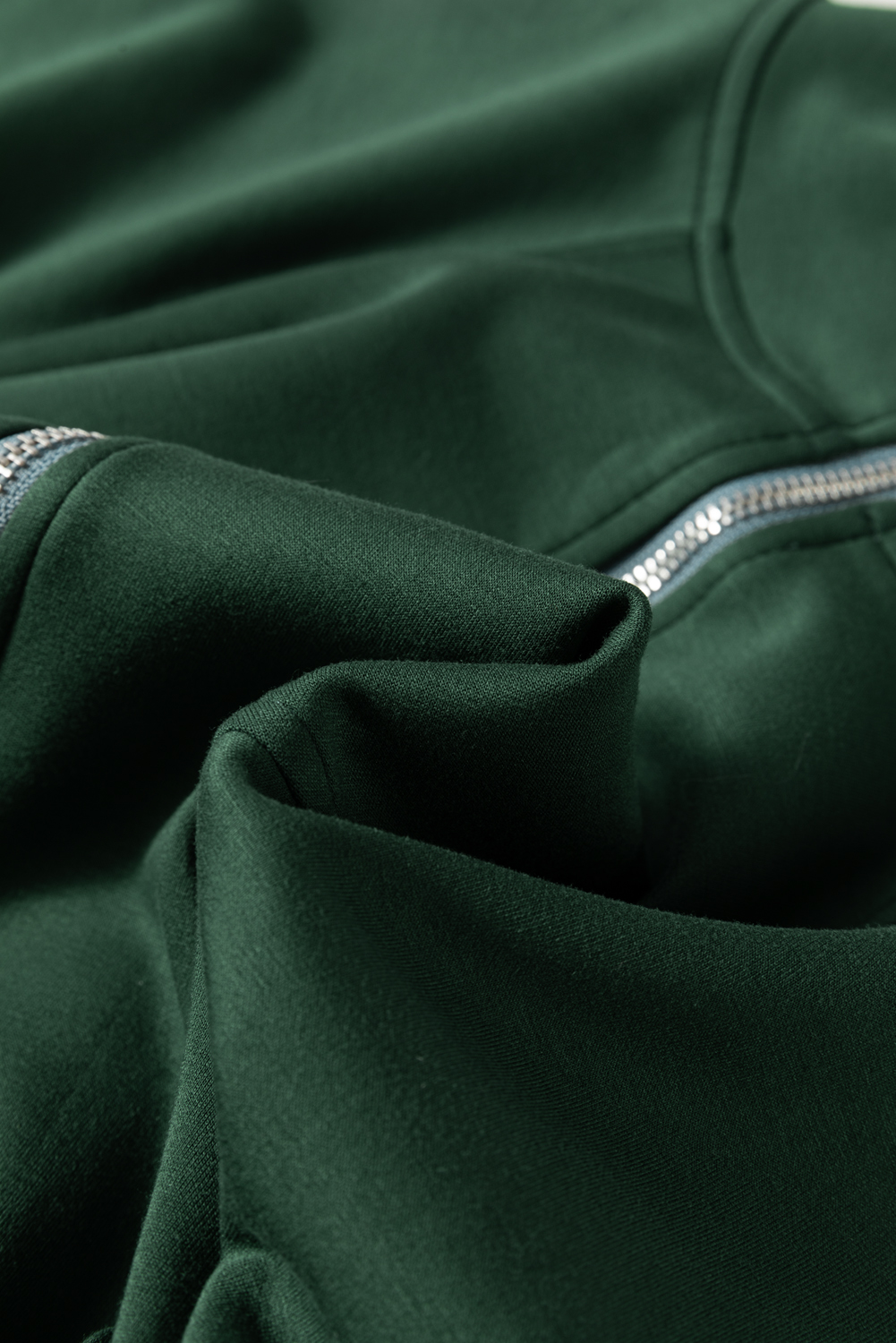 Blackish Green Collared Half Zip French Terry Knit Drawstring Casual Romper - loveforevers
