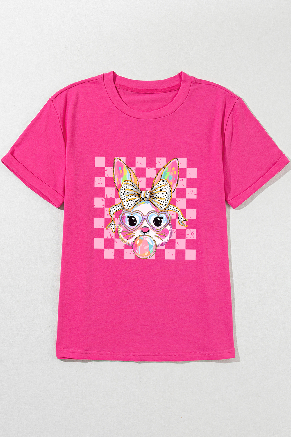 Rose Red Plaid Bubble Gum Rabbit Graphic Easter T Shirt - loveforevers