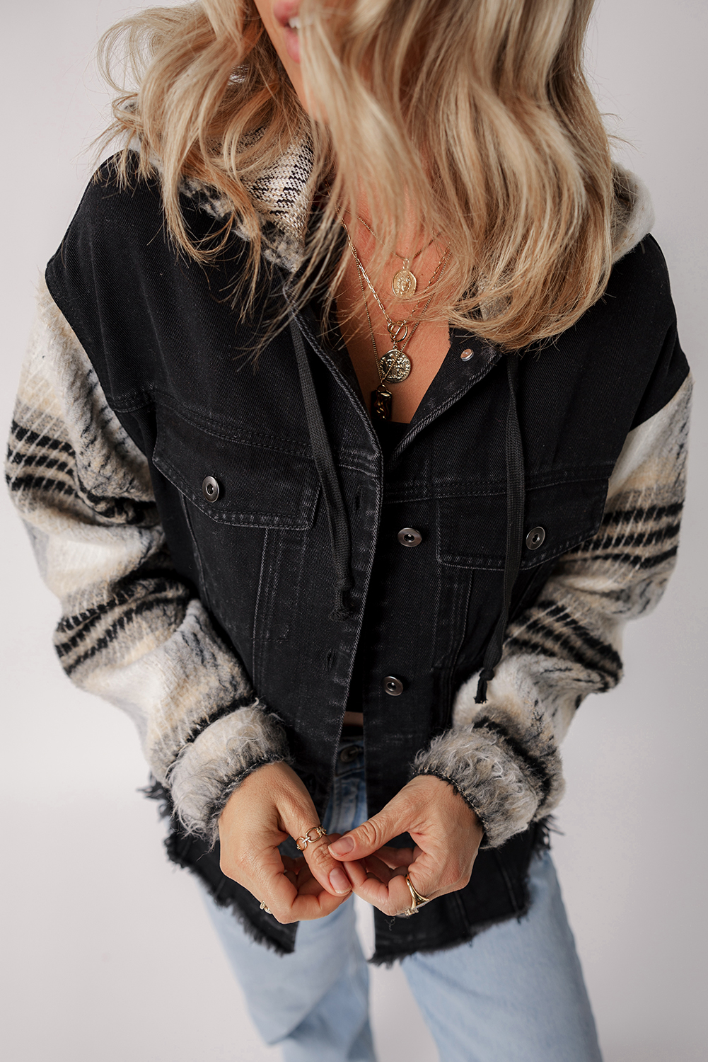 Black Plaid Sleeve Frayed Hem Hooded Denim Jacket - loveforevers