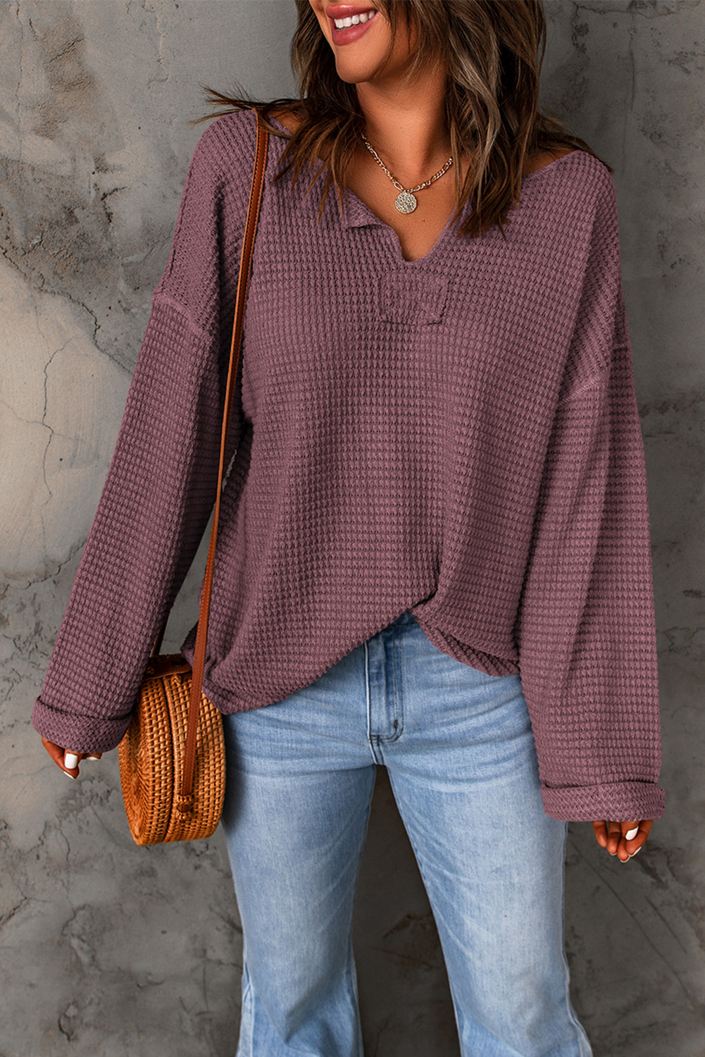 purple Waffle Knit Loose Long Sleeve Top - loveforevers