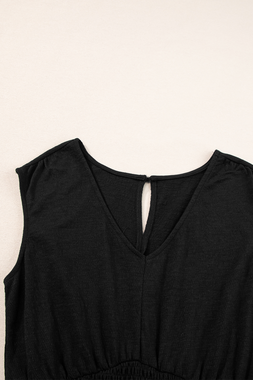Black Shirred High Waist Sleeveless V Neck Jumpsuit - loveforevers
