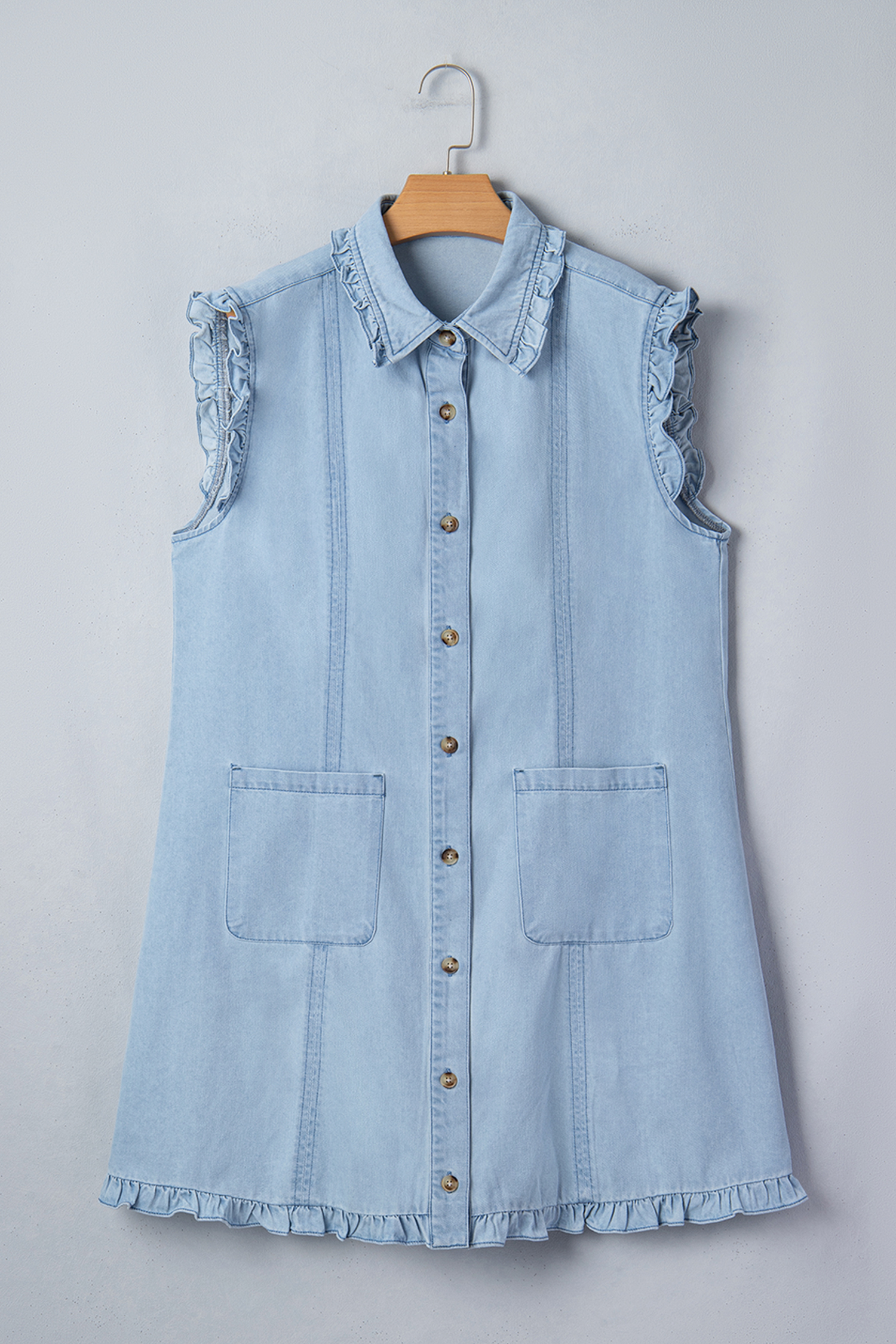 Beau Blue Ruffled Edge Collared Shift Denim Dress with Pockets - loveforevers