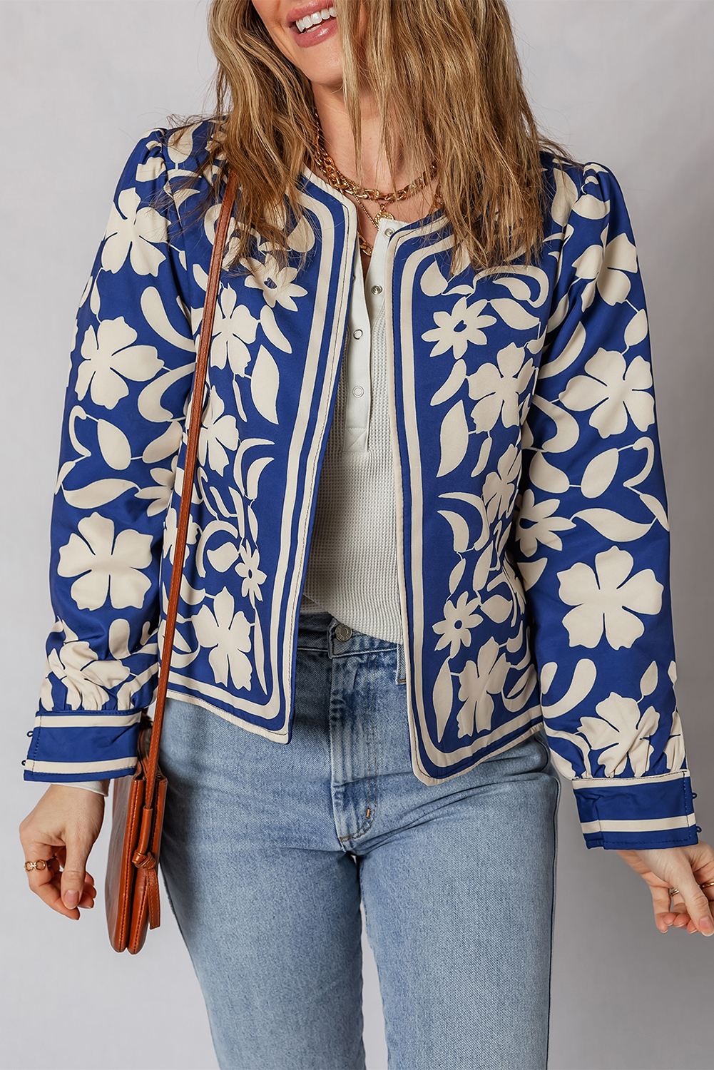 Blue Flower Print Open Front Buttoned Cuffs Elegant Jacket - loveforevers