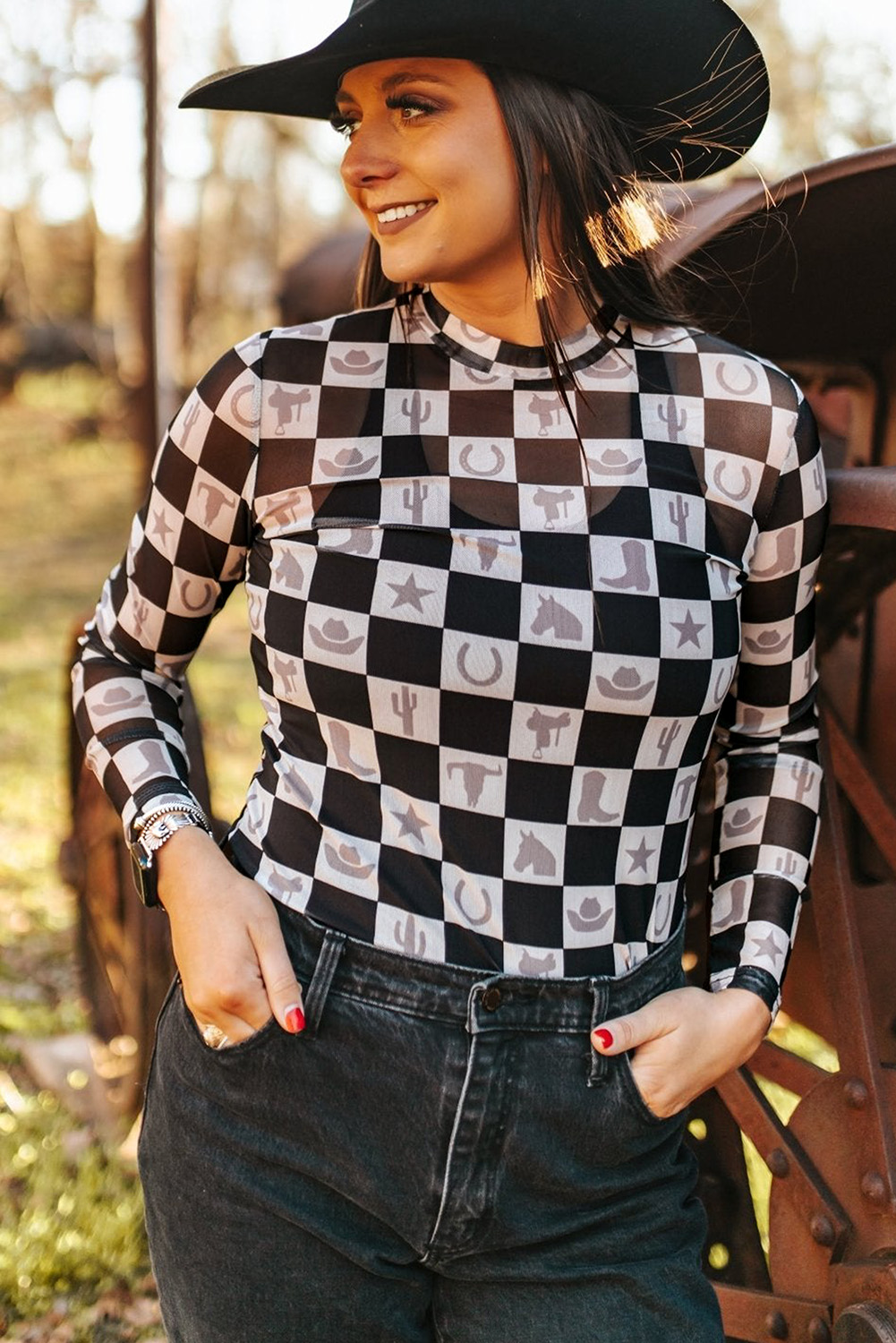 Khaki Checkered Pattern Mesh Mock Neck Long Sleeve Top - loveforevers