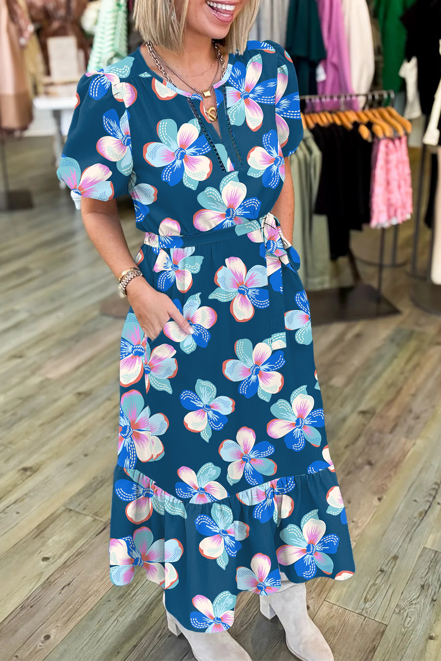 Blue Floral Print Short Puff Sleeve Ruffle Hem Belted Long Dress - loveforevers