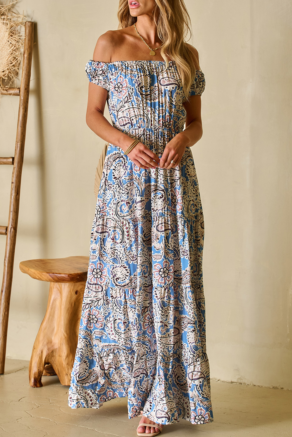 Blue Boho Paisley Print Off Shoulder Maxi Dress - loveforevers