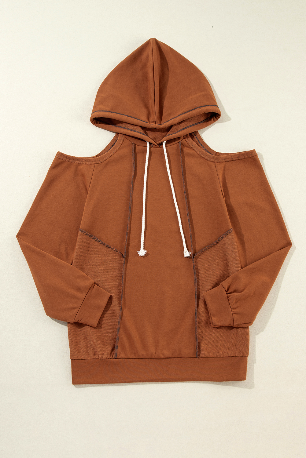 Cinnamon Exposed Seam Cold Shoulder Drawstring Hoodie - loveforevers