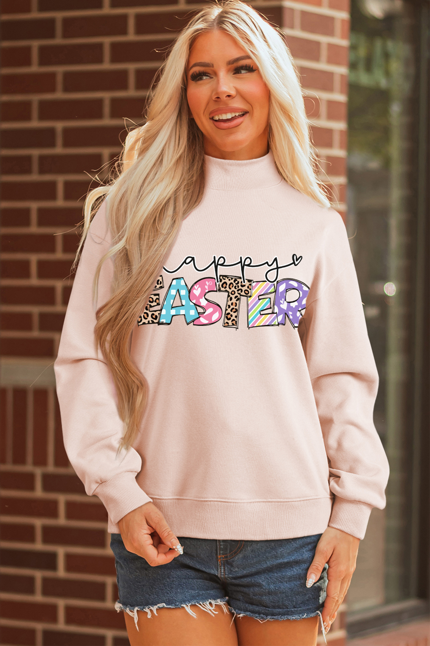 Apricot Pink Happy Easter Playful Letter Printed Sweatshirt - loveforevers