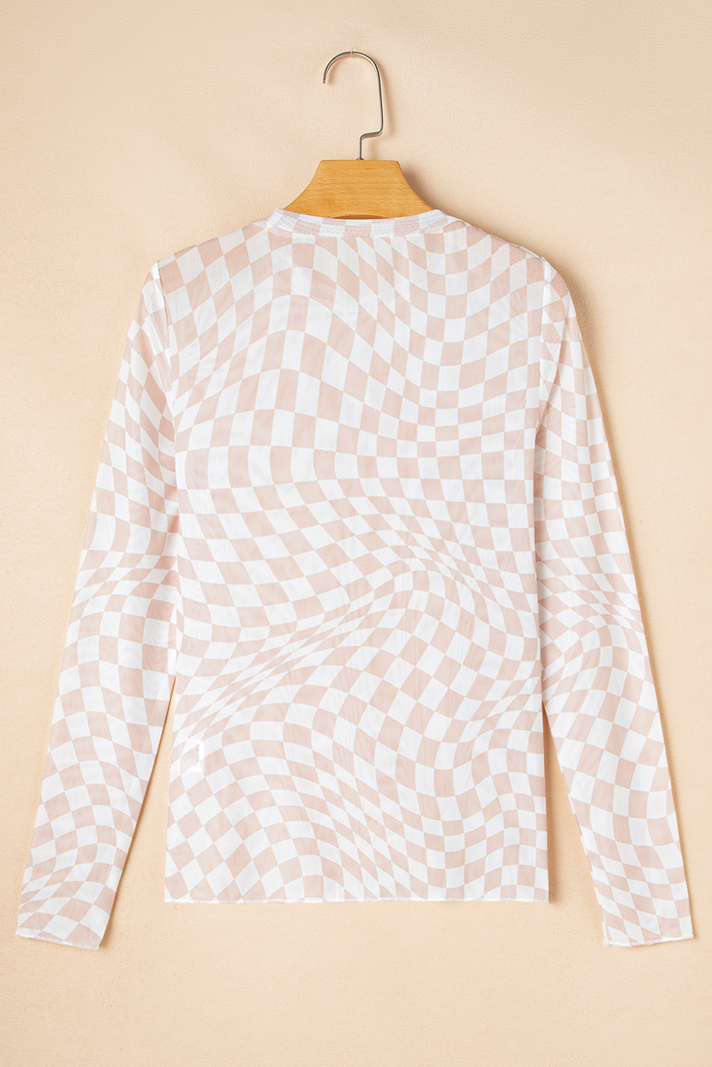 Khaki Checkered Pattern Mesh Mock Neck Long Sleeve Top - loveforevers