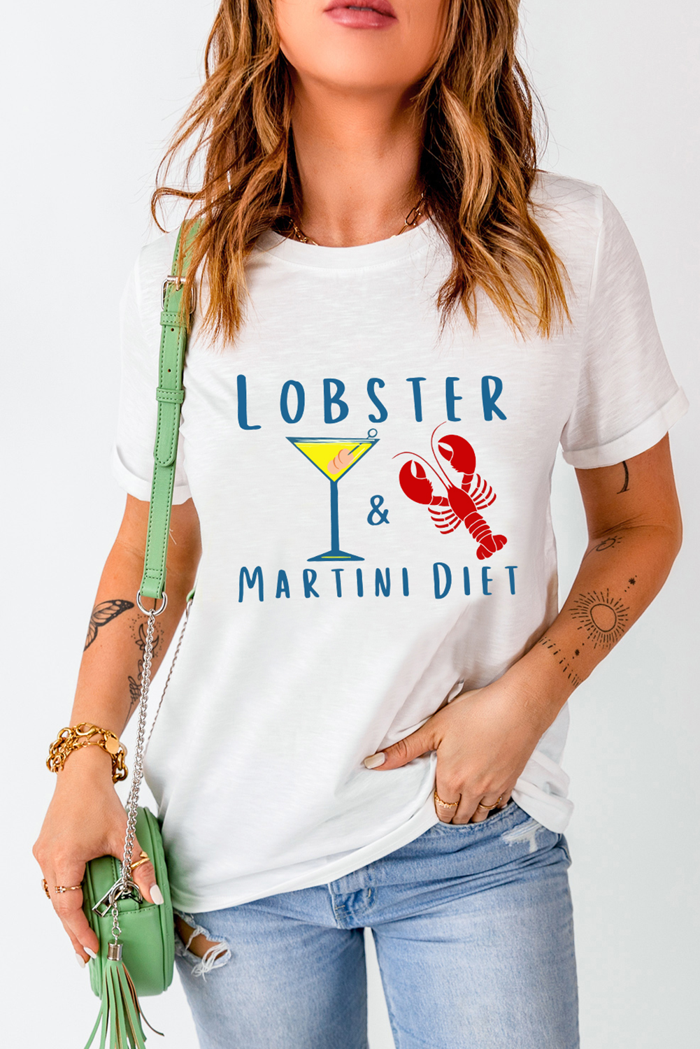 White LOBSTER MARTINI DIET Cocktail & Crawfish Print T Shirt - loveforevers